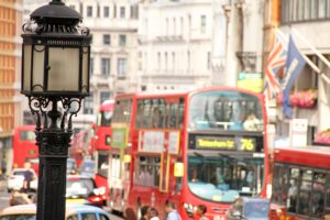 Red bus busy streets of London
