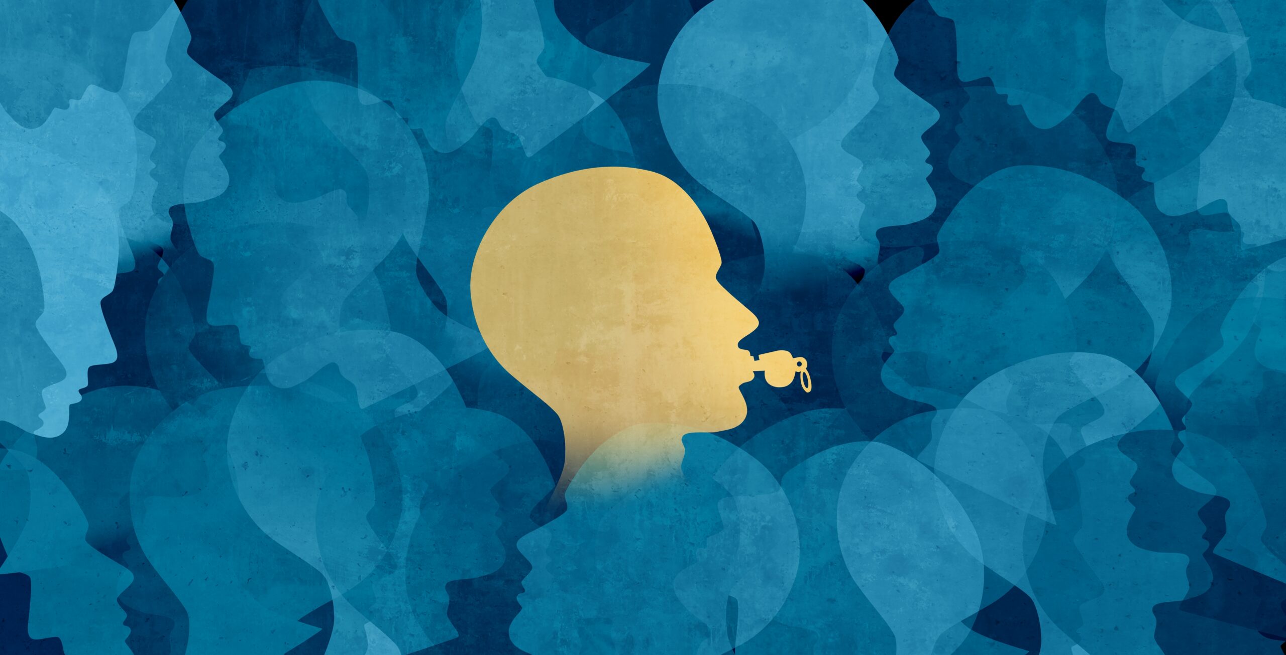 Blue and yellow image of a figure blowing a whistle.